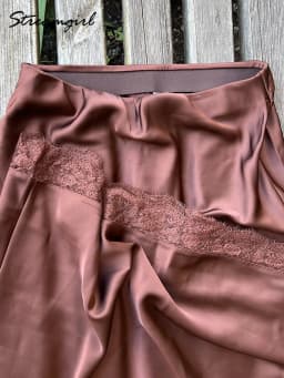 Streamgirl Maxi Satin Skirts With Lace Women Summer Long High Waist A Line Silk Bodycon Skirt Midi Elegant Brown Long Lace Skirt