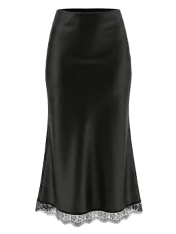 Streamgirl Maxi Satin Skirts With Lace Women Summer Long High Waist A Line Silk Bodycon Skirt Midi Elegant Brown Long Lace Skirt