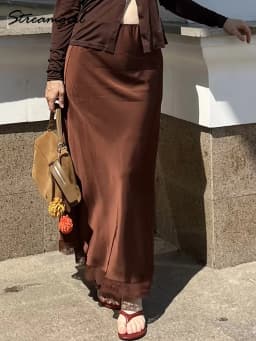 Streamgirl Maxi Satin Skirts With Lace Women Summer Long High Waist A Line Silk Bodycon Skirt Midi Elegant Brown Long Lace Skirt