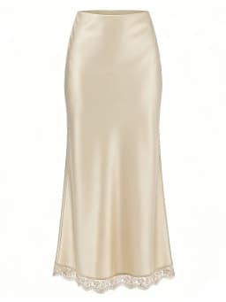 Streamgirl Maxi Satin Skirts With Lace Women Summer Long High Waist A Line Silk Bodycon Skirt Midi Elegant Brown Long Lace Skirt