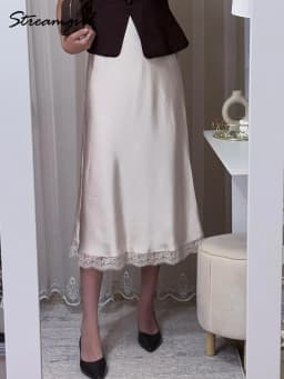 Streamgirl Maxi Satin Skirts With Lace Women Summer Long High Waist A Line Silk Bodycon Skirt Midi Elegant Brown Long Lace Skirt