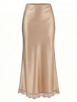 Streamgirl Maxi Satin Skirts With Lace Women Summer Long High Waist A Line Silk Bodycon Skirt Midi Elegant Brown Long Lace Skirt