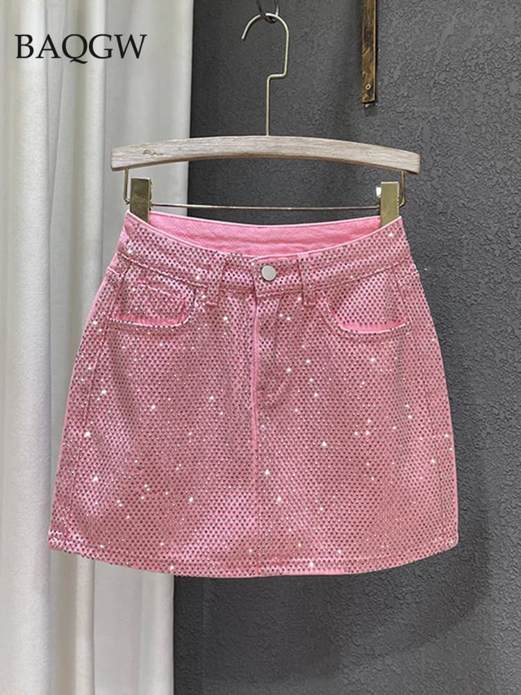 Personality Diamond Splice A-line Denim Skirt for Women's Streetwear High Waist Solid Color Slim Wrap Hip Skirts Female Summer