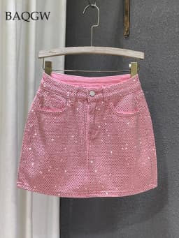 Personality Diamond Splice A-line Denim Skirt for Women's Streetwear High Waist Solid Color Slim Wrap Hip Skirts Female Summer