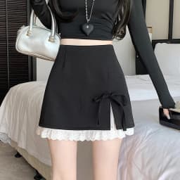 Sweet Bow Lace Up Women Mini Skirt Korean Elegant Spliced Lace Design A-line Skirt Stylish High Waist Slimming Female Slit Skirt