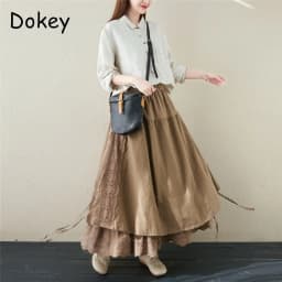 Japanese Mori Girl Embroidery Lace Cotton Linen Skirts Women Summer Vintage High Waist Casual A-Line Boho Skirts Faldas Mujer