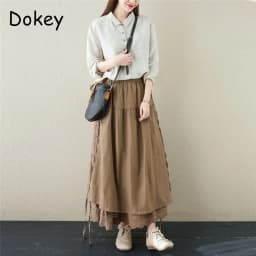 Japanese Mori Girl Embroidery Lace Cotton Linen Skirts Women Summer Vintage High Waist Casual A-Line Boho Skirts Faldas Mujer