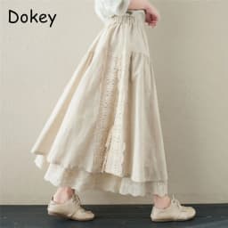 Japanese Mori Girl Embroidery Lace Cotton Linen Skirts Women Summer Vintage High Waist Casual A-Line Boho Skirts Faldas Mujer