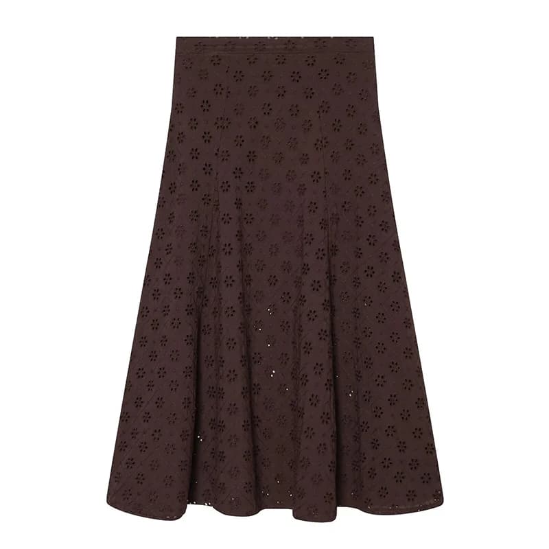YENKYE New 2026 Women Brown Hollow Out Embroidery Midi Skirt Casual High Waist A-line Holiday Summer Skirts Faldas Mujer