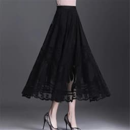 Elegant High Waist Lace Skirt Women'S New A-Word Black Long Skirt Office Ladies Big Swing Gauze Hollow Pleated Skirt Streetwear
