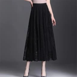 Elegant High Waist Lace Skirt Women'S New A-Word Black Long Skirt Office Ladies Big Swing Gauze Hollow Pleated Skirt Streetwear