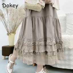 Vintage Lace Ruffled Kawaii Skirt Women Mori Girl High Waist Loose Cotton Linen Lolita Cake Skirt Casual Petticoat A-line Skirts
