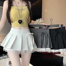 Casual Girls Lace Patchwork Pleated Skirt Women's High Waist Y2k Clothes Korean Summer Grey A-Line Sweet Mini Skirt with Shorts
