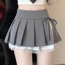 Casual Girls Lace Patchwork Pleated Skirt Women's High Waist Y2k Clothes Korean Summer Grey A-Line Sweet Mini Skirt with Shorts