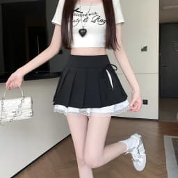 Casual Girls Lace Patchwork Pleated Skirt Women's High Waist Y2k Clothes Korean Summer Grey A-Line Sweet Mini Skirt with Shorts