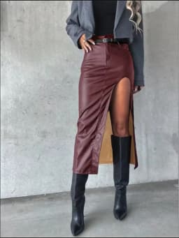 Women's Mid Pu Leather skirt solid Color slit sexy Hip Hugging skirt High Street Party Fashion Punk Style Autumn Skirt