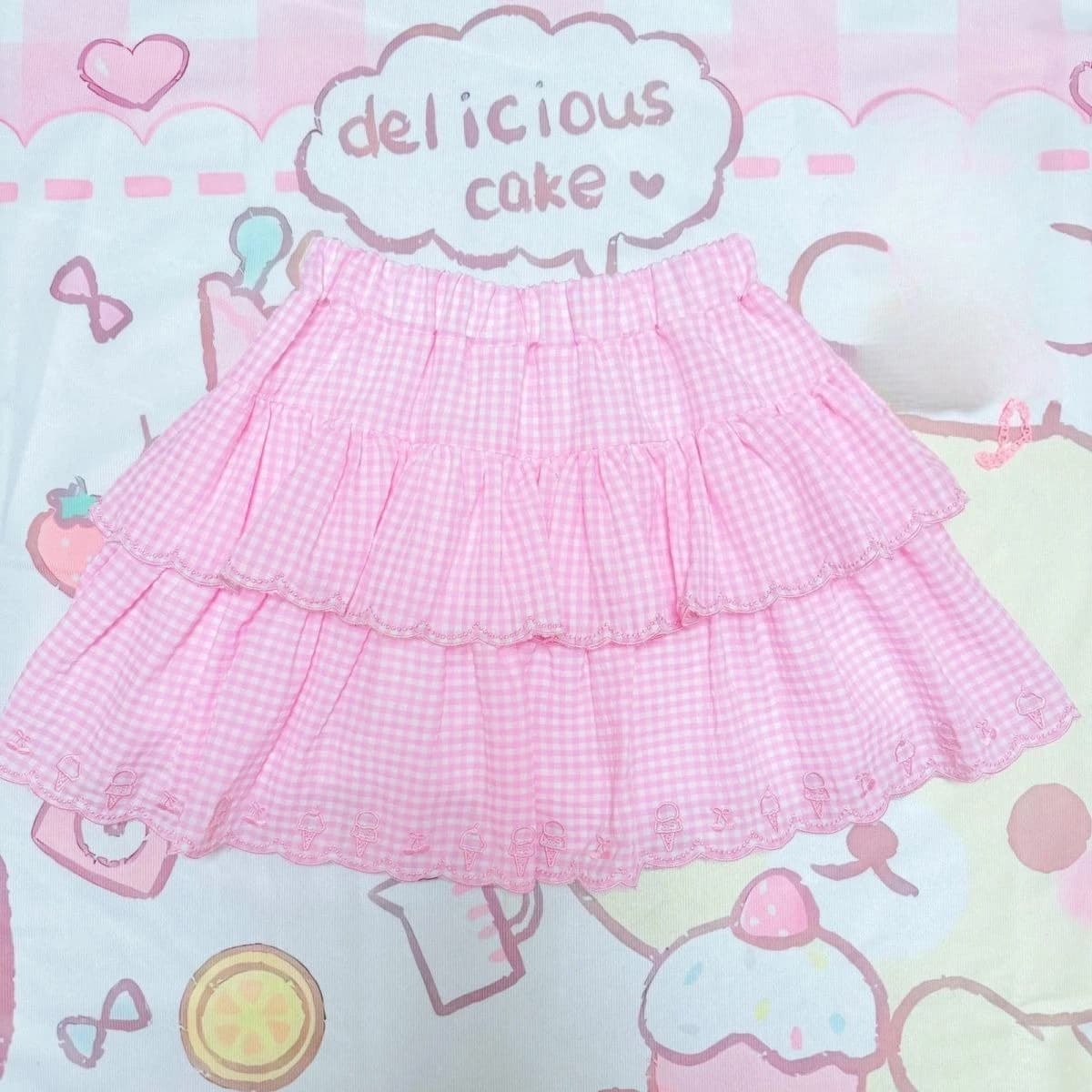 Kawaii Sweet Pink Mini Skirt Gingham Print Tiered Ruffle Ice Cream Motif Y2K Japanese Harajuku Subculture Daily Bottoms Skirts