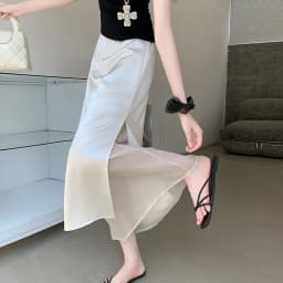 Acetate Satin Tulle Paneled Slit Skirt Women's Summer Lightweight Casual Long Skirt High-waist Elegant A-line Skirt Office Lady