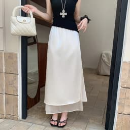 Acetate Satin Tulle Paneled Slit Skirt Women's Summer Lightweight Casual Long Skirt High-waist Elegant A-line Skirt Office Lady