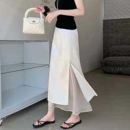 Acetate Satin Tulle Paneled Slit Skirt Women's Summer Lightweight Casual Long Skirt High-waist Elegant A-line Skirt Office Lady