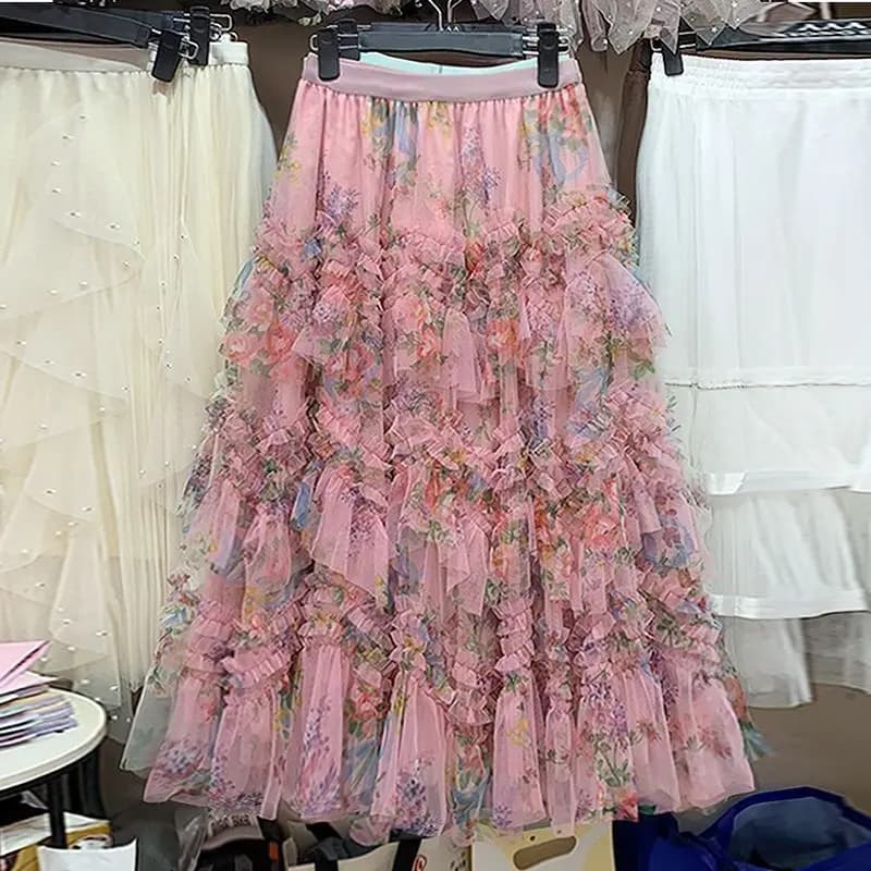 Elegant Long 2025 Patchwork Flower Print Tulle Skirt plus Size Women's Cake Style Half Body Fairy Tale Skirts