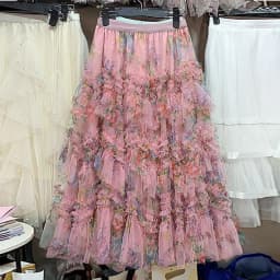 Elegant Long 2025 Patchwork Flower Print Tulle Skirt plus Size Women's Cake Style Half Body Fairy Tale Skirts
