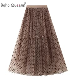 Boho Queens Women Polka Dot High Waist Pleated Ball Gown Maxi Skirt Fashion Mesh Loose Puffy Umbrella Fairy Cake Skirts