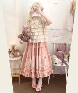 Lolita Midi Skirt Women Vintage Embroidery Lace Floral Bow Ruffles Long Skirts Kawaii Schoolgirl Prairie Chic Pink Y2k Skirt