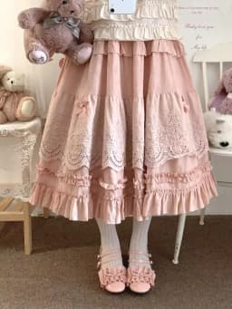 Lolita Midi Skirt Women Vintage Embroidery Lace Floral Bow Ruffles Long Skirts Kawaii Schoolgirl Prairie Chic Pink Y2k Skirt