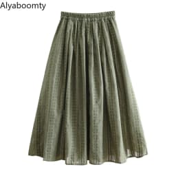 Mori Girl Spring Summer Women Cotton Linen Skirt High Waist Green Floral Printed Vintage Skirt All-Match Elegant Soft Jupe