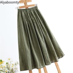 Mori Girl Spring Summer Women Cotton Linen Skirt High Waist Green Floral Printed Vintage Skirt All-Match Elegant Soft Jupe