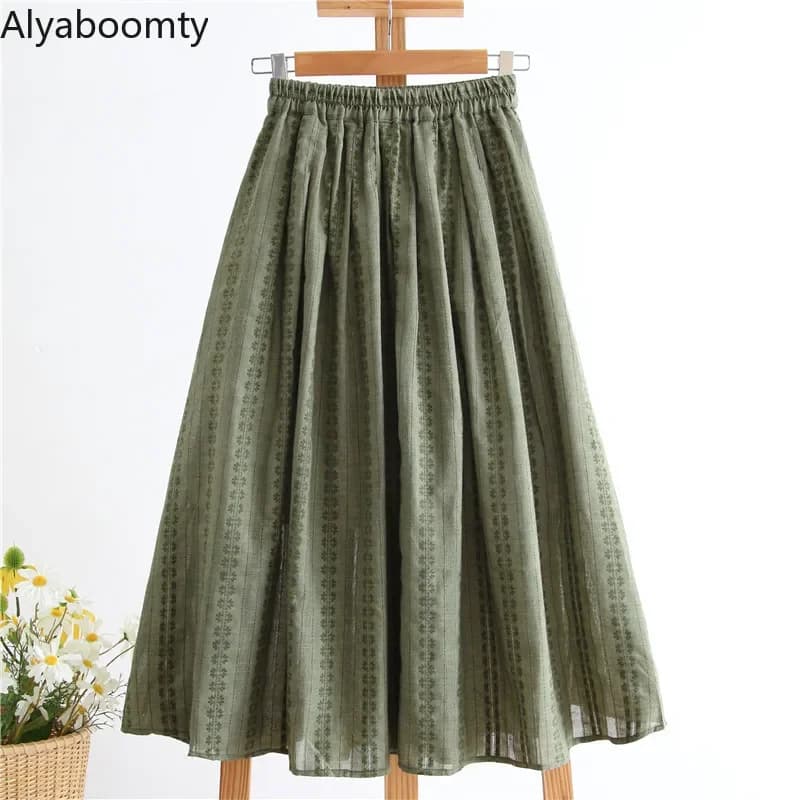 Mori Girl Spring Summer Women Cotton Linen Skirt High Waist Green Floral Printed Vintage Skirt All-Match Elegant Soft Jupe
