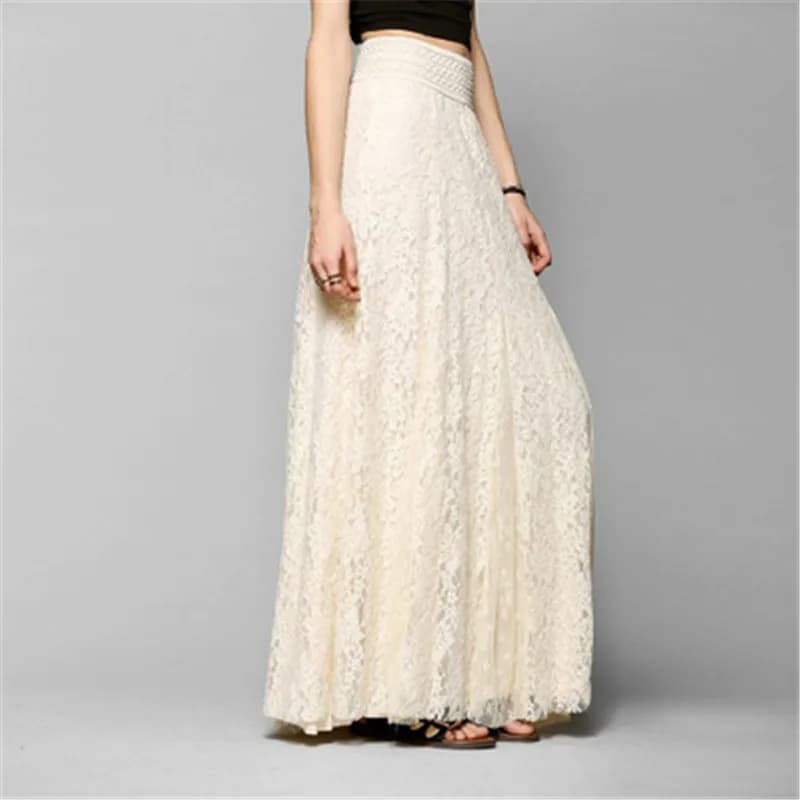 2019 Women Double Lace Layer Chiffon Pleated Long Maxi Skirt Elastic Waist Floral Ankle-Length long skirt streetwear PZ1585