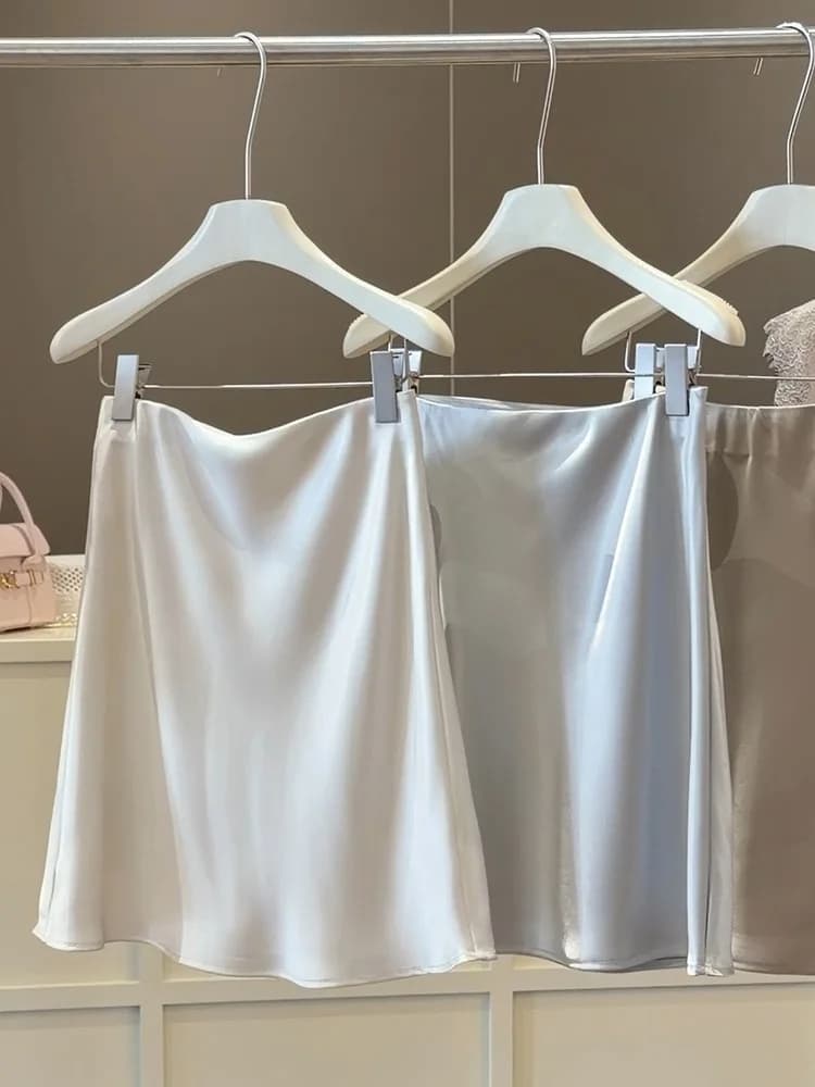 New 2026 Women Summer Satin High-waisted Mini Skirt Elegant Office Lady Solid Color Fashion A-line Short Skirt