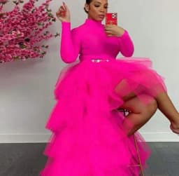 Hot Pink Fluffy High Low Tulle Skirts Women To Party Ruffles Tiered Tulle Skirt Mesh Maxi Skirt Elastic Female Bottom
