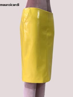 Mauroic Spring Summer Shiny Reflective Bright Yellow Faux Leather Pencil Skirt Women with Back Slit High Waist New Arrivals 2025