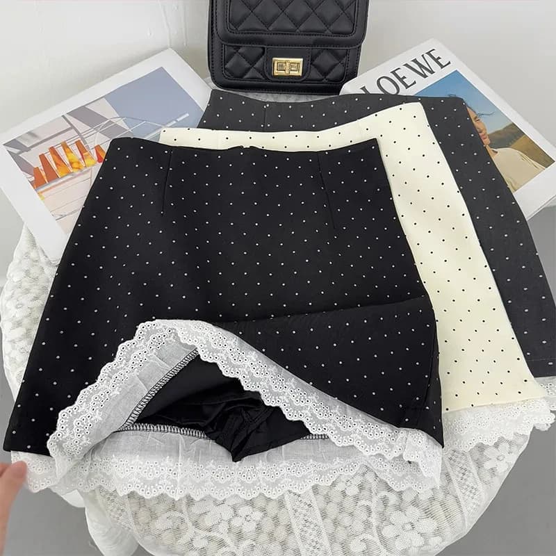 Sweet Polka Dots Mini Skirt Women Summer Lace Patchwork Casual Suit Skirts Korean High Waist A Line Office Lady Zipper Skirt New