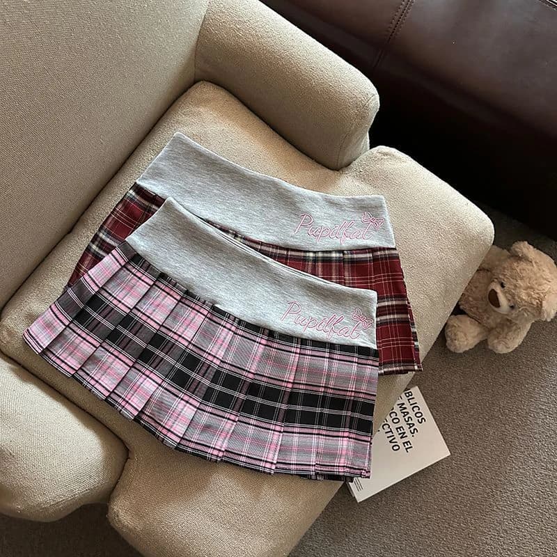Retro Plaid Pleated Skirt for Women Japanese Style High Waist Patchwork Embroidery Mini Skirts Y2K Sweet Preppy A Line Skirts