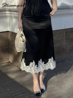 Midi Satin Skirt With Lace Brown Women Summer Office Zipper Skirts A Line Patchwork Satin Silk Skirts Midi Black Luxury Woman