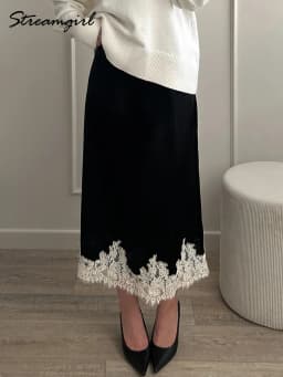 Midi Satin Skirt With Lace Brown Women Summer Office Zipper Skirts A Line Patchwork Satin Silk Skirts Midi Black Luxury Woman