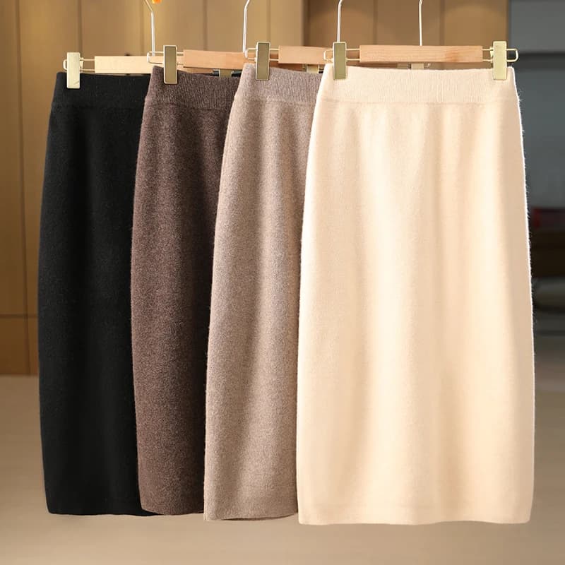 Women Wool Skirt Autumn Winter Chic Half Skirt Bag Skirt High Waist Grace Style Office Lady 100% Merino Wool Knitwear Skirts