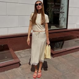 Linad Elegant Satin Lace Mid-Calf Skirts Woman Apricot Street Chic Straight Long Skirt Summer Casual Drawstring Skirts 2025 Fall