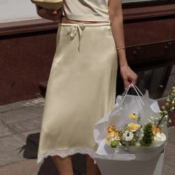Linad Elegant Satin Lace Mid-Calf Skirts Woman Apricot Street Chic Straight Long Skirt Summer Casual Drawstring Skirts 2025 Fall