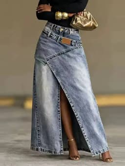 SHENGPALAE Women Baggy Denim Skirt High Waist Irregular Slit A Line Maxi Casual Fashion Personality Summer 2026 New 05E03085