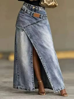 SHENGPALAE Women Baggy Denim Skirt High Waist Irregular Slit A Line Maxi Casual Fashion Personality Summer 2026 New 05E03085