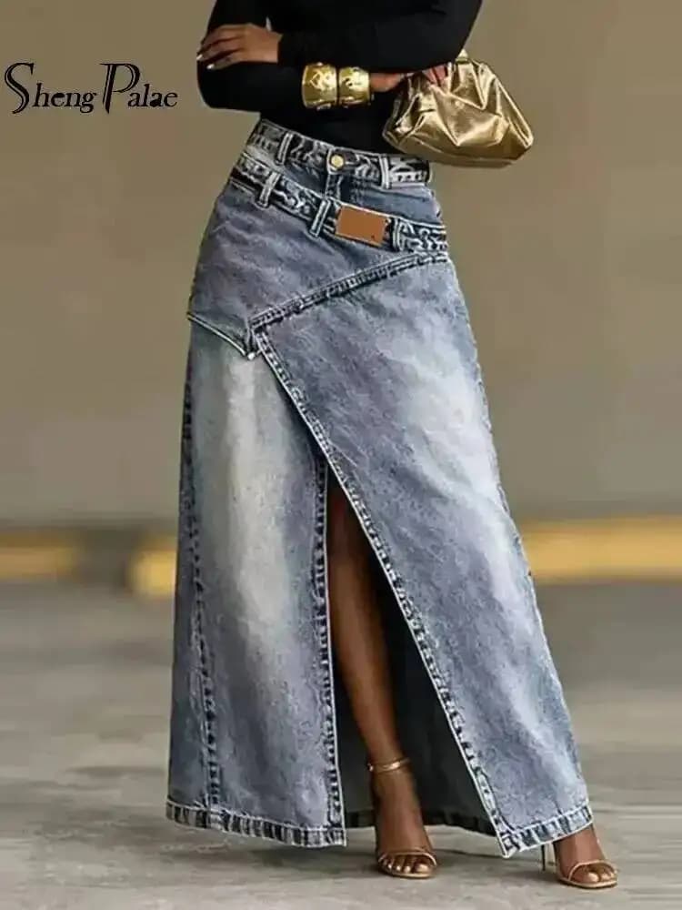 SHENGPALAE Women Baggy Denim Skirt High Waist Irregular Slit A Line Maxi Casual Fashion Personality Summer 2026 New 05E03085