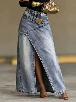 SHENGPALAE Women Baggy Denim Skirt High Waist Irregular Slit A Line Maxi Casual Fashion Personality Summer 2026 New 05E03085