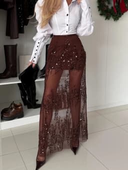 Tuularose Fashion Sequin Maxi Skirts Women's Sexy Lace Shimmer Patchwork Skirts Elegant Luxury Sheer Party Female Summer Skirts