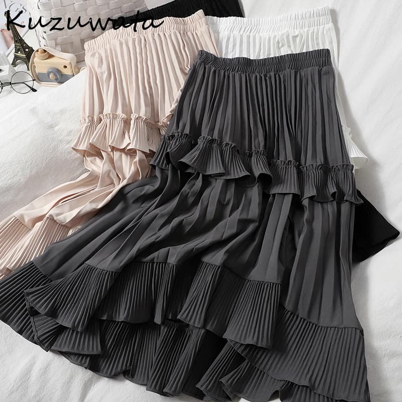 Kuzuwata High Waist Irregular Hem Flouncing Women Long Skirts Women 2026 New Spring Pleated Skirt Fashion Faldas Jupe Femme