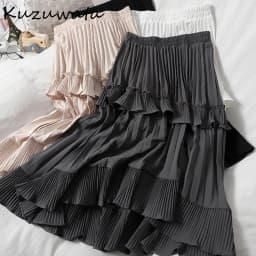 Kuzuwata High Waist Irregular Hem Flouncing Women Long Skirts Women 2026 New Spring Pleated Skirt Fashion Faldas Jupe Femme
